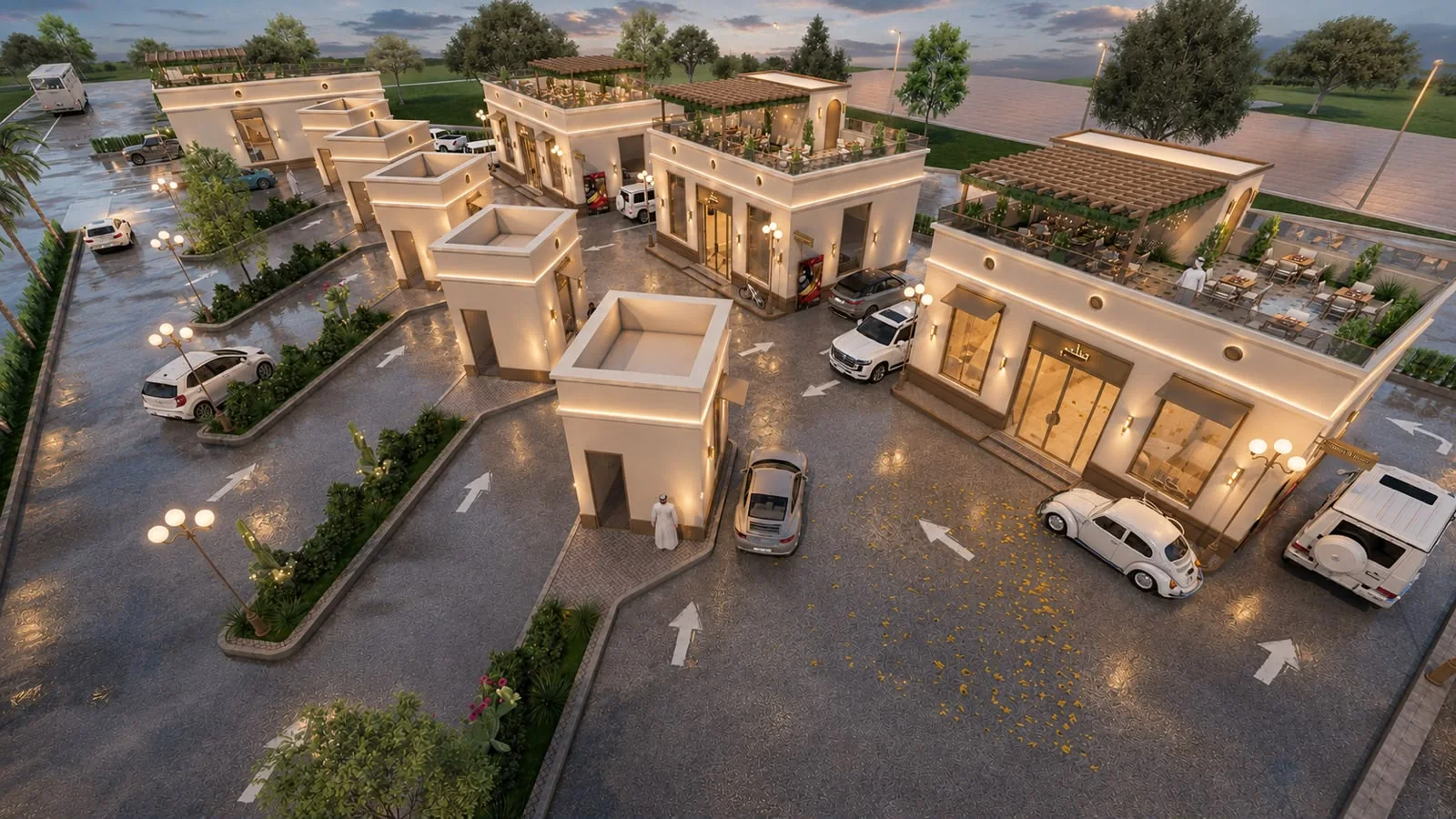 تصوّر معماري لمباني درايف لوب ومسارات السيارات حولها